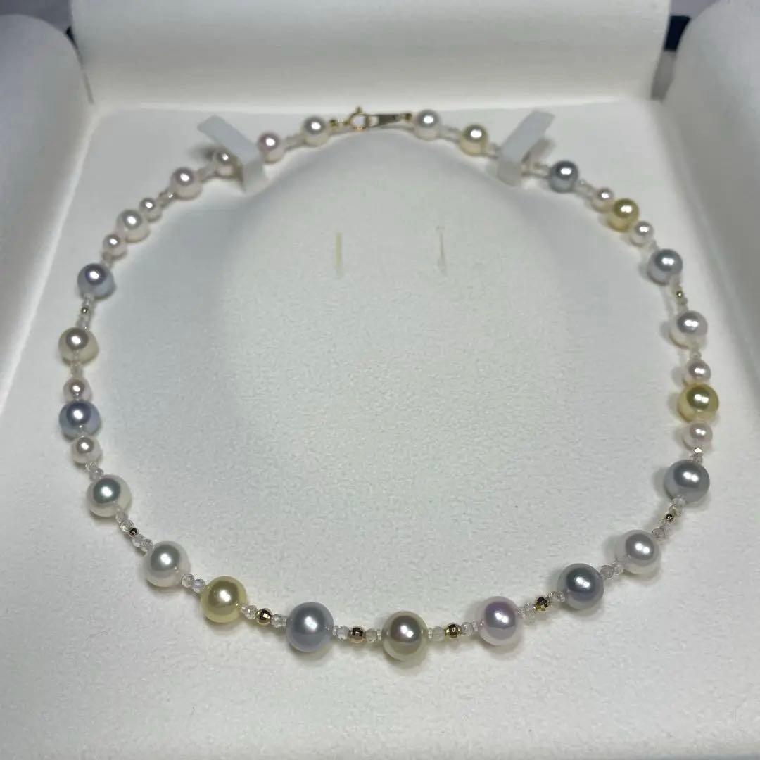 K18 multi-color Akoya pearl necklace set with 8mm, 5mm, and 6mm pearls on a 45cm chain