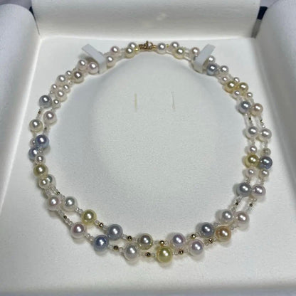 K18 multi-color Akoya pearl necklace set with 8mm, 5mm, and 6mm pearls on a 45cm chain