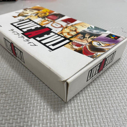 Super Famicom Live A Live game cartridge with box, manual, and plastic case showing visible discoloration on the back