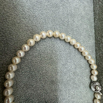 Short Akoya pearl necklace with 8mm white pearls on a white background