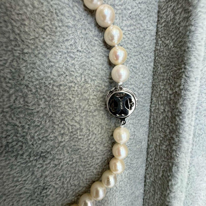 Short Akoya pearl necklace with 8mm white pearls on a white background