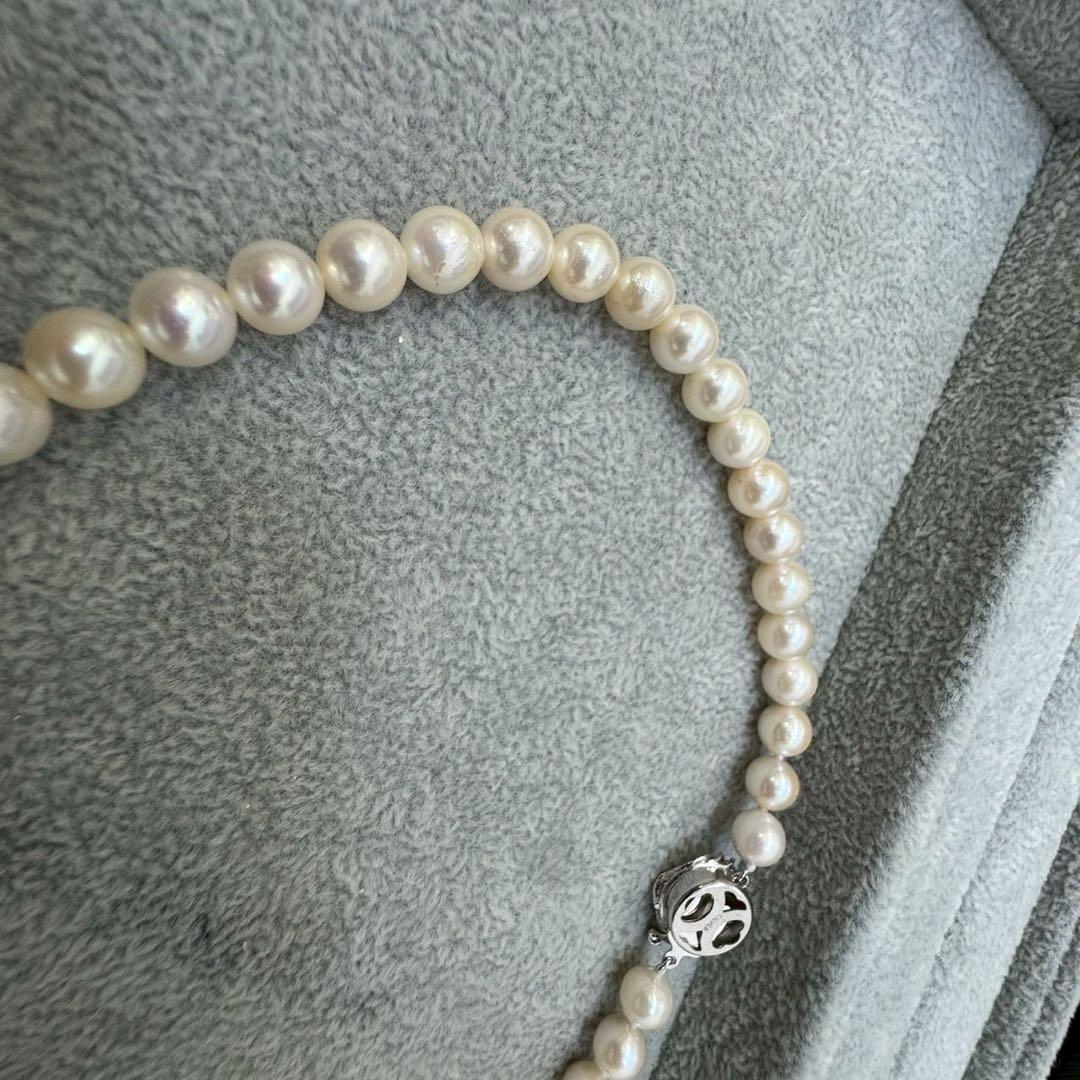 Short Akoya pearl necklace with 8mm white pearls on a white background