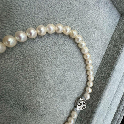 Short Akoya pearl necklace with 8mm white pearls on a white background