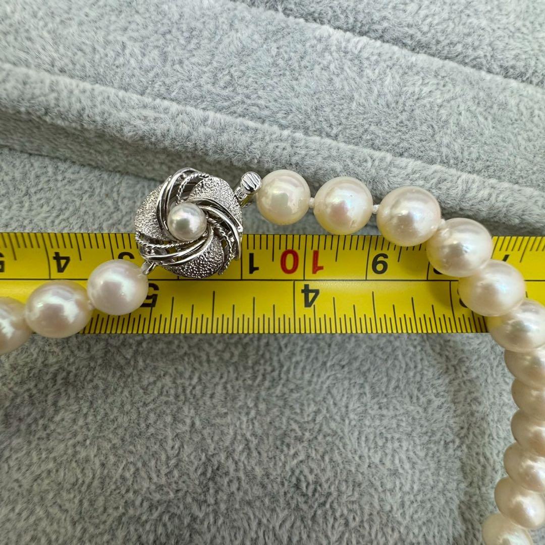Short Akoya pearl necklace with 8mm white pearls on a white background