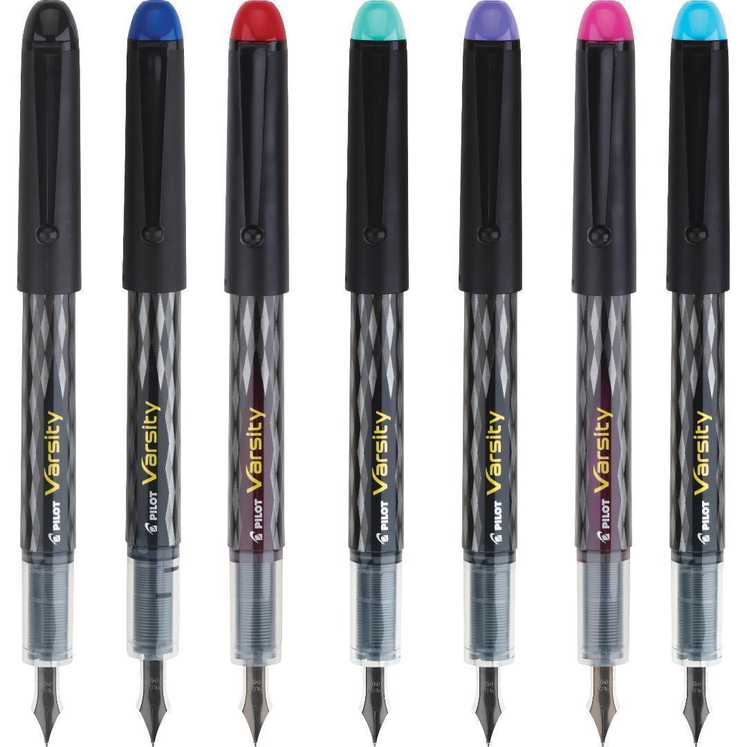 Domestic Unreleased Pilot Varsity V-Pen 7-Color Set with medium steel tips in black, blue, red, light blue, pink, purple, and green