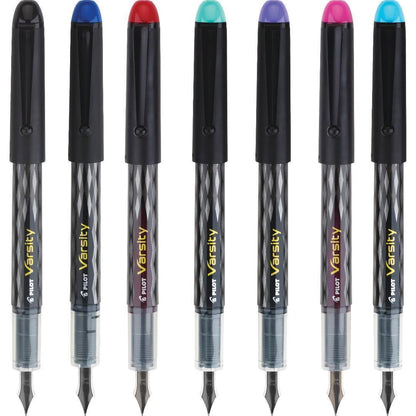 Domestic Unreleased Pilot Varsity V-Pen 7-Color Set with medium steel tips in black, blue, red, light blue, pink, purple, and green