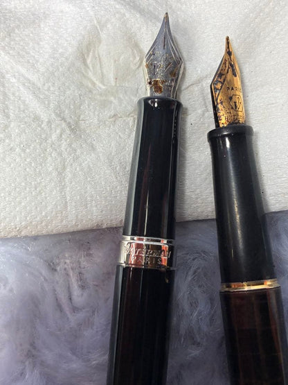 Set of 2 used Waterman fountain pens with gold accents shown side by side
