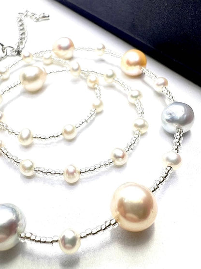 Akoya pearl multi-color necklace featuring natural blue and baby freshwater pearls, 40-45cm length