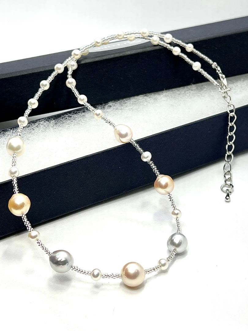 Akoya pearl multi-color necklace featuring natural blue and baby freshwater pearls, 40-45cm length