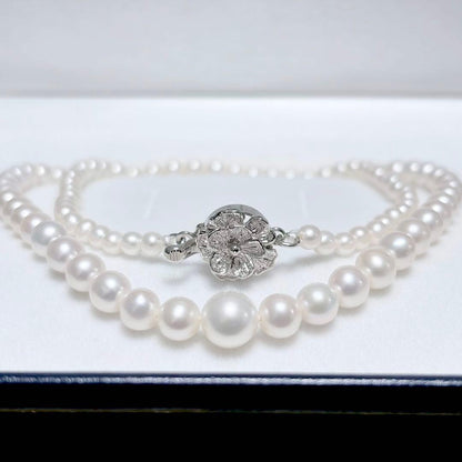 Akoya genuine pearl necklace with white 3.5-7.3mm pearls on a 44cm silver chain