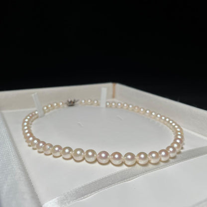 Akoya pearl semi-round necklace measuring 6.9 to 7.3mm with a 43 cm length displayed on a white background