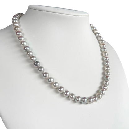 Tossaki Akoya pearl necklace featuring 7-7.5mm round pearls with silver clasp on a 42cm strand