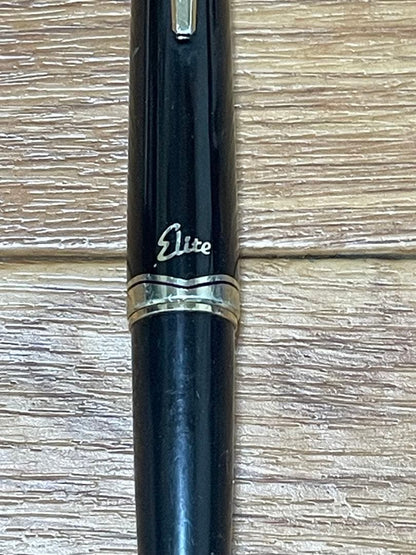 PILOT Elite Fountain Pen in black with 14K gold nib, model 14K-585, shown uncapped on white background