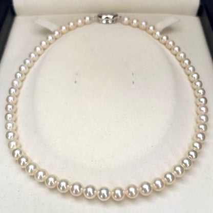 Akoya pearl necklace featuring 6.5mm round white pearls with a 37cm length and classic elegant design