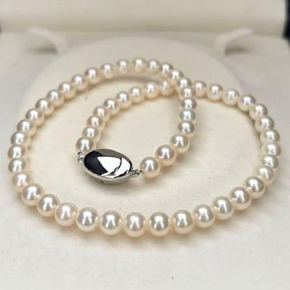 Akoya pearl necklace featuring 6.5mm round white pearls with a 37cm length and classic elegant design