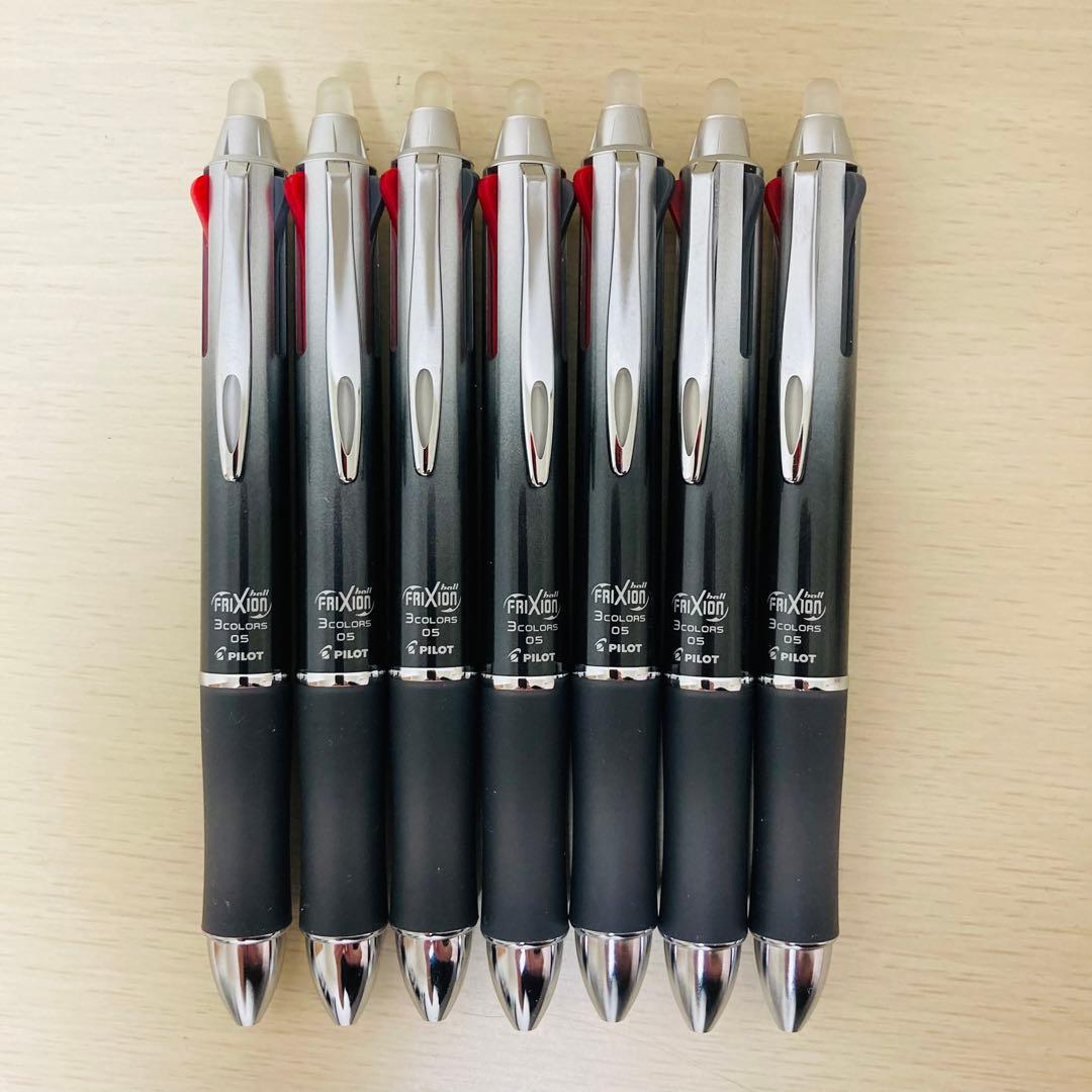 Set of seven Pilot Frixion 3 Metal Black Gradient pens with black red and blue ink and silicone grips