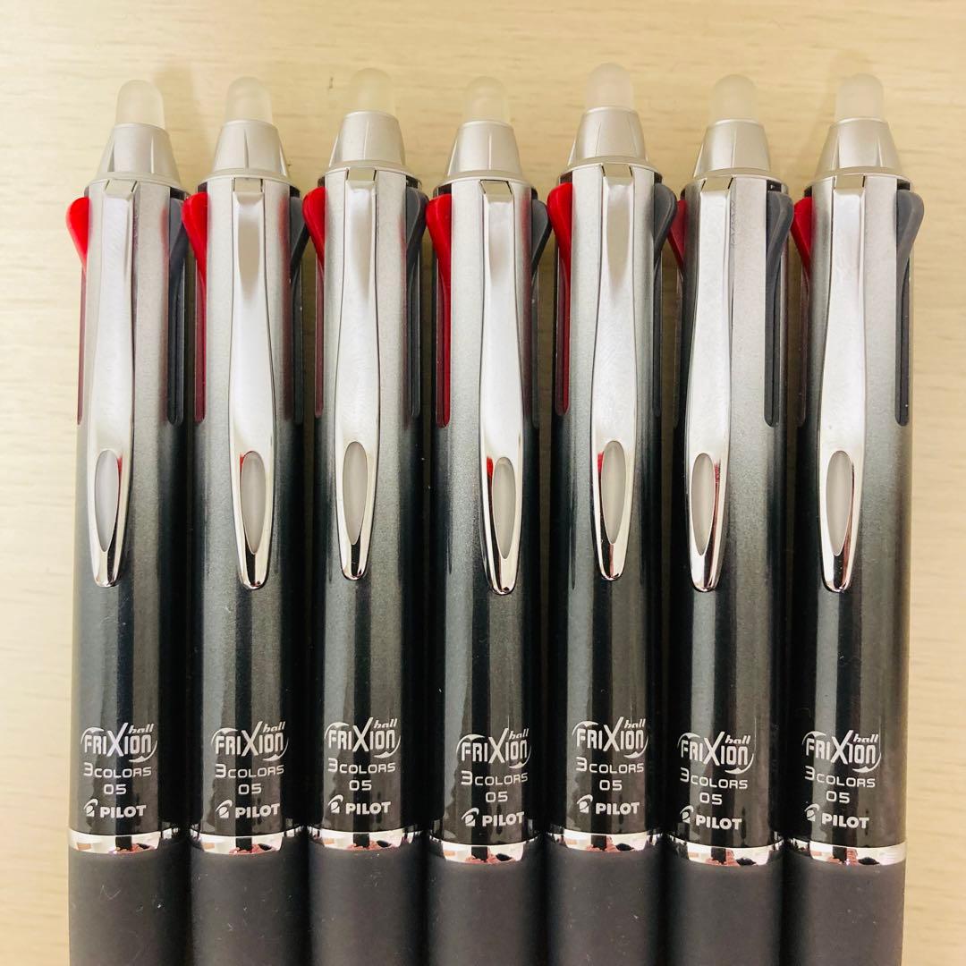 Set of seven Pilot Frixion 3 Metal Black Gradient pens with black red and blue ink and silicone grips
