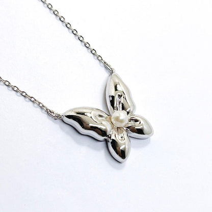 Mikimoto baby pearl butterfly necklace pendant with 4.0mm pearl on silver chain with adjustable length