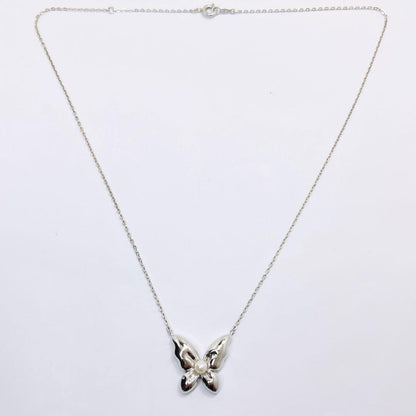 Mikimoto baby pearl butterfly necklace pendant with 4.0mm pearl on silver chain with adjustable length