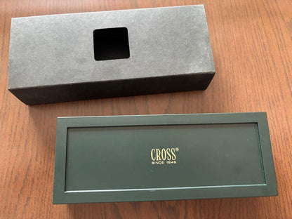 CROSS ballpoint pen and mechanical pencil set in navy and gold with a dedicated case showing slight cushion damage