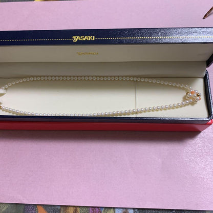 Tasaki Pearl Necklace featuring white and pink pearls with 18K gold chain, 42 cm length