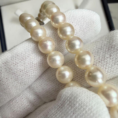 Tasaki Akoya pearl necklace with 6.5-7mm pearls and ribbon clasp displayed with jewelry box