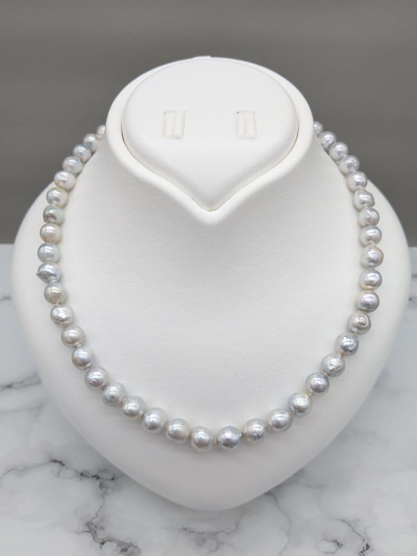Akoya genuine pearl black baroque necklace 8-8.5mm silver gray tone with silver clasp on white background