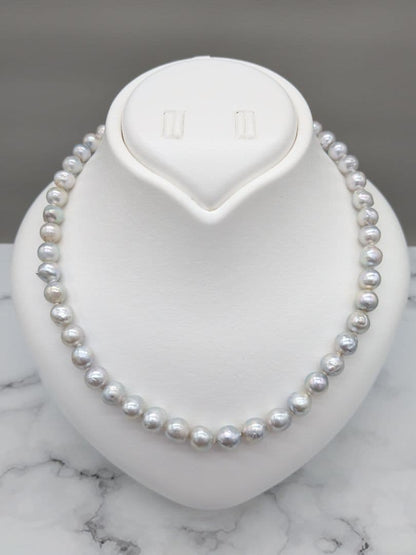 Akoya genuine pearl black baroque necklace 8-8.5mm silver gray tone with silver clasp on white background
