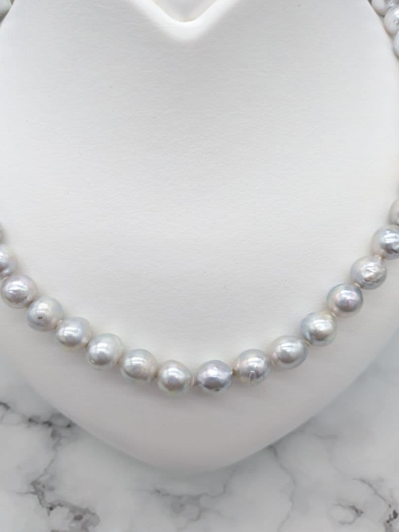 Akoya genuine pearl black baroque necklace 8-8.5mm silver gray tone with silver clasp on white background