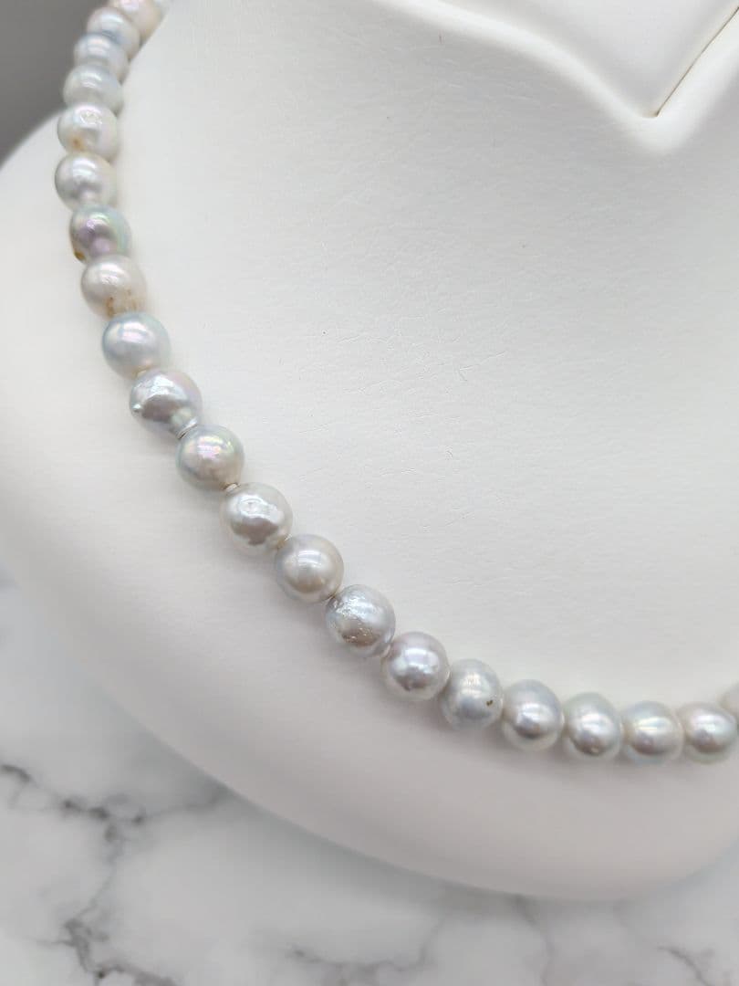 Akoya genuine pearl black baroque necklace 8-8.5mm silver gray tone with silver clasp on white background