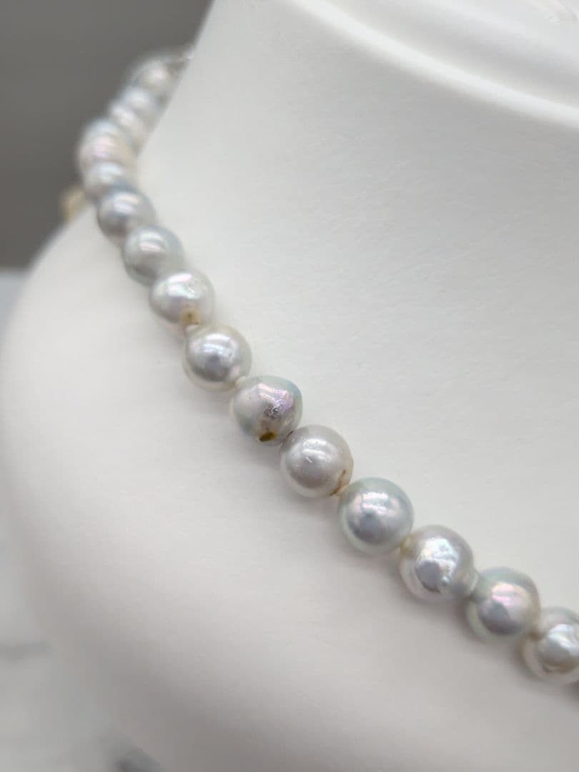 Akoya genuine pearl black baroque necklace 8-8.5mm silver gray tone with silver clasp on white background