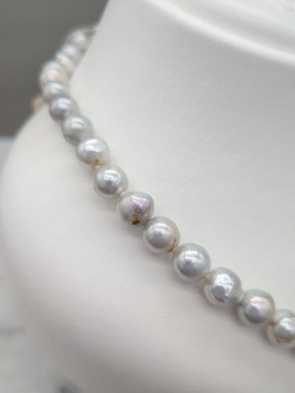 Akoya genuine pearl black baroque necklace 8-8.5mm silver gray tone with silver clasp on white background
