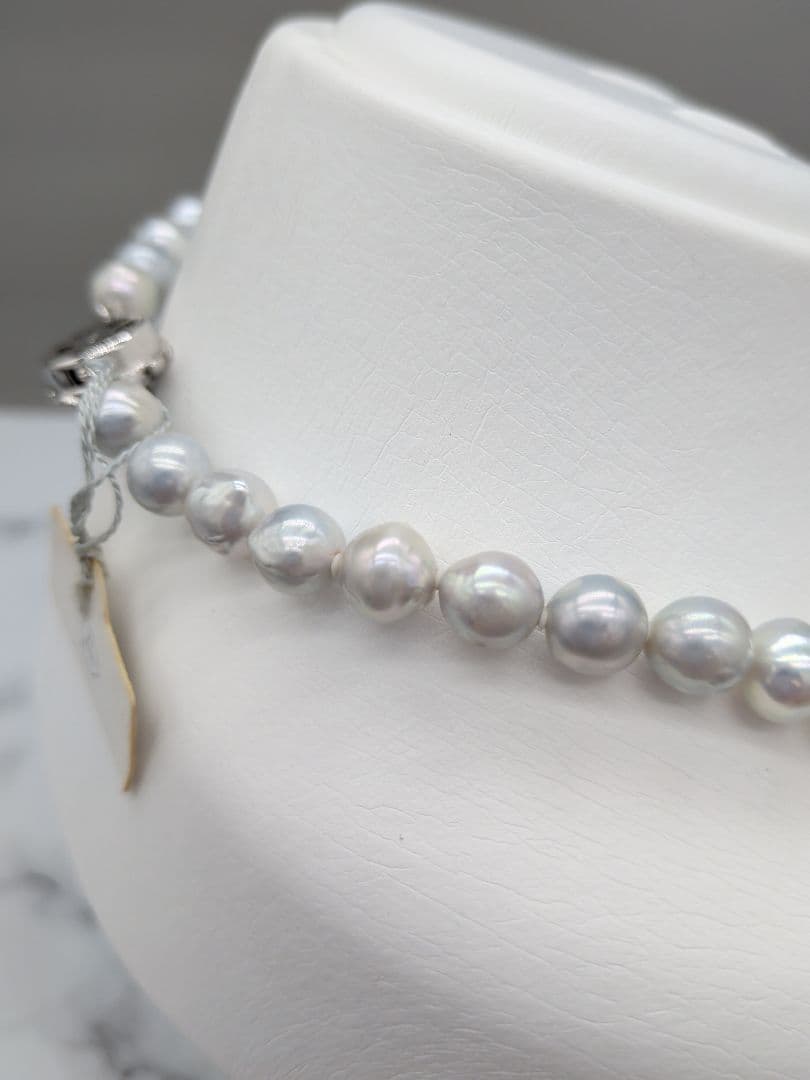 Akoya genuine pearl black baroque necklace 8-8.5mm silver gray tone with silver clasp on white background