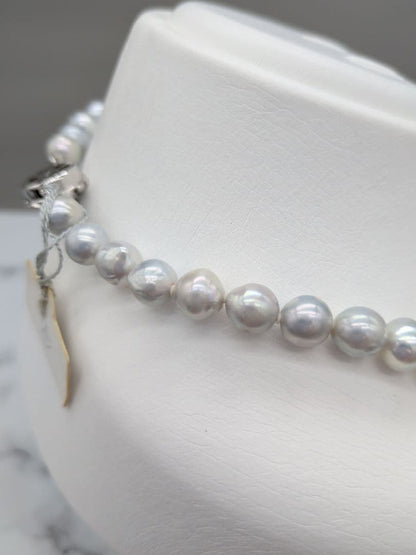 Akoya genuine pearl black baroque necklace 8-8.5mm silver gray tone with silver clasp on white background