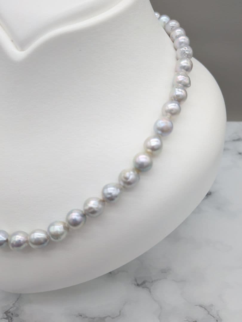 Akoya genuine pearl black baroque necklace 8-8.5mm silver gray tone with silver clasp on white background
