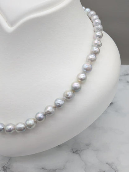 Akoya genuine pearl black baroque necklace 8-8.5mm silver gray tone with silver clasp on white background