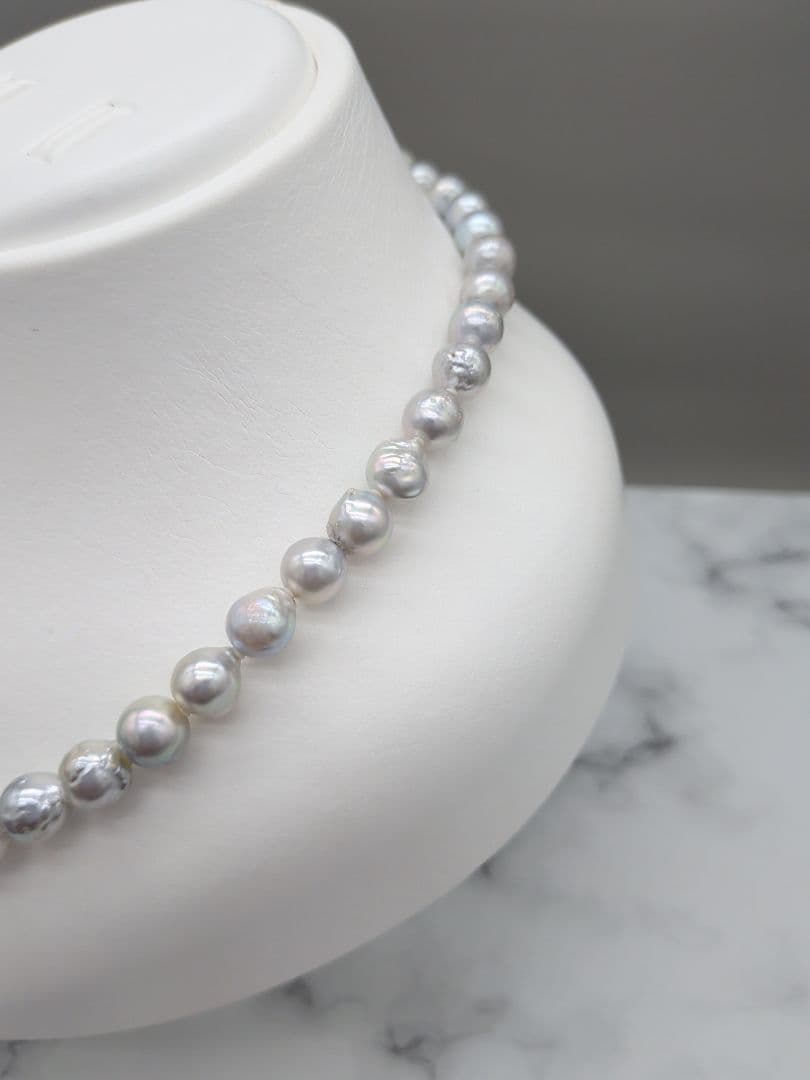 Akoya genuine pearl black baroque necklace 8-8.5mm silver gray tone with silver clasp on white background