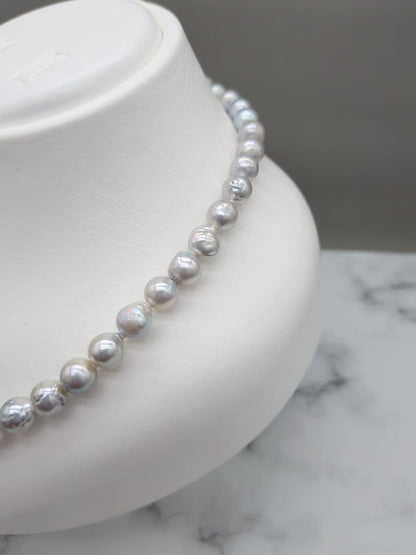 Akoya genuine pearl black baroque necklace 8-8.5mm silver gray tone with silver clasp on white background
