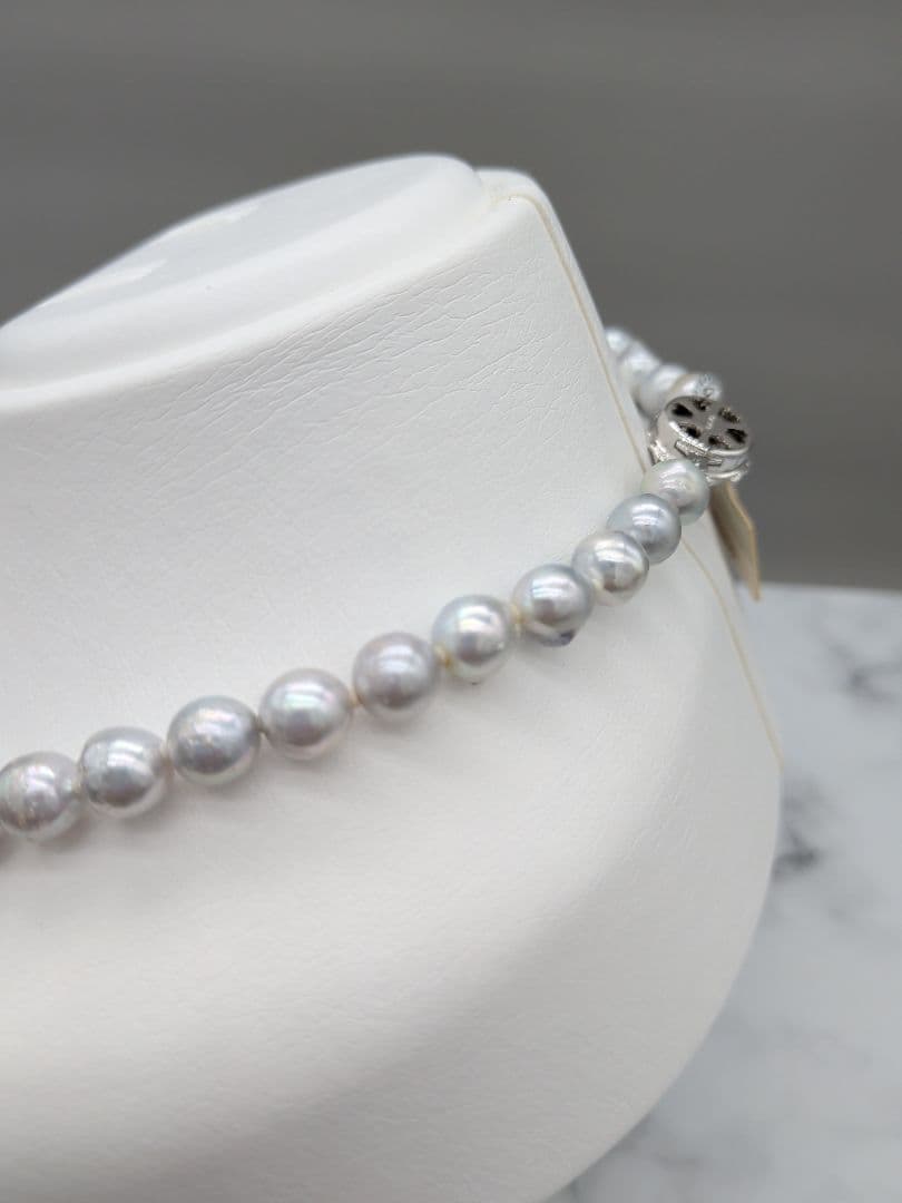 Akoya genuine pearl black baroque necklace 8-8.5mm silver gray tone with silver clasp on white background
