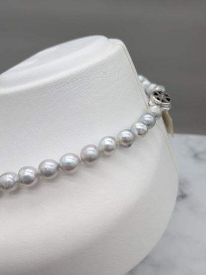 Akoya genuine pearl black baroque necklace 8-8.5mm silver gray tone with silver clasp on white background