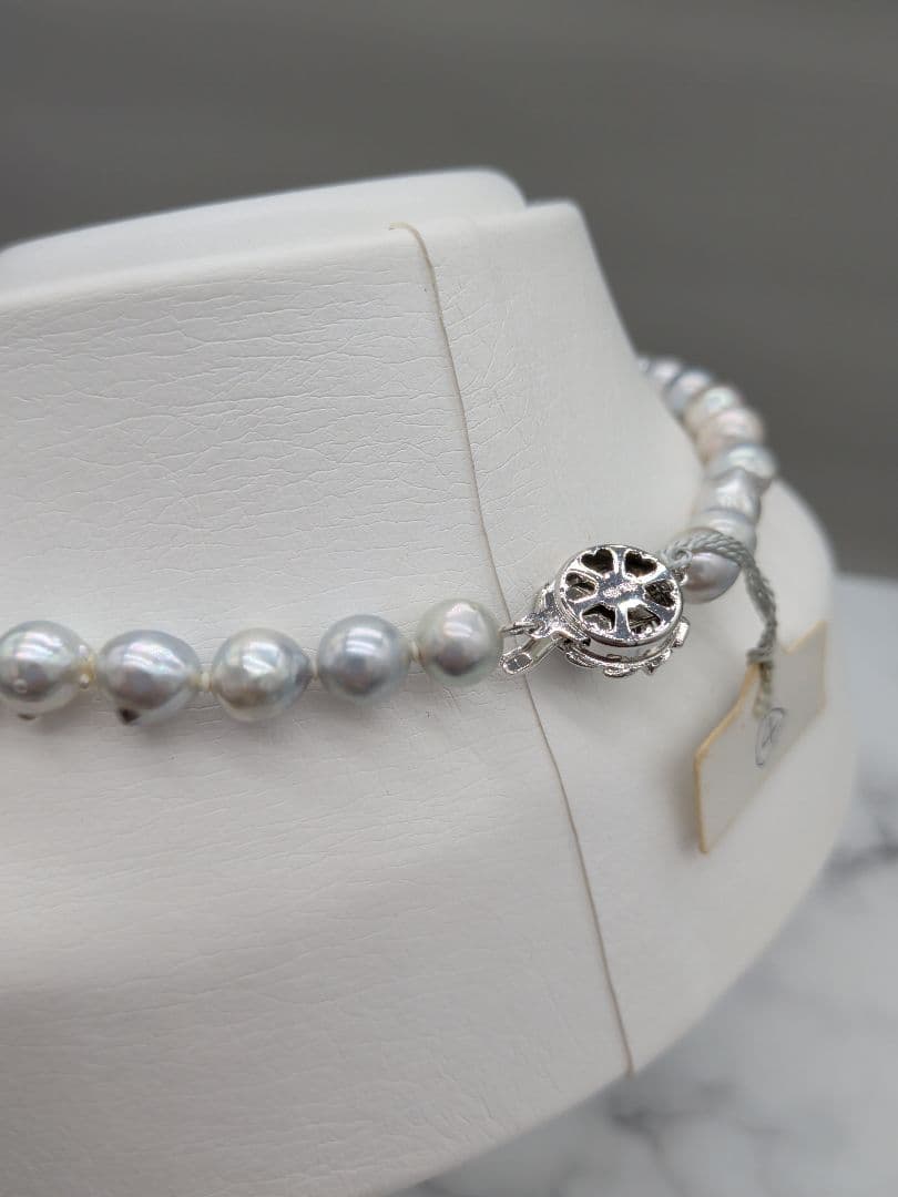 Akoya genuine pearl black baroque necklace 8-8.5mm silver gray tone with silver clasp on white background