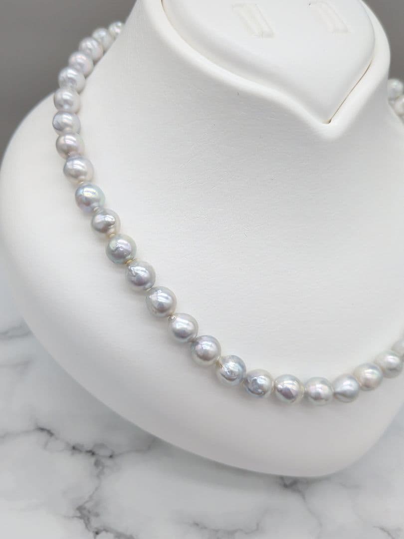 Akoya genuine pearl black baroque necklace 8-8.5mm silver gray tone with silver clasp on white background