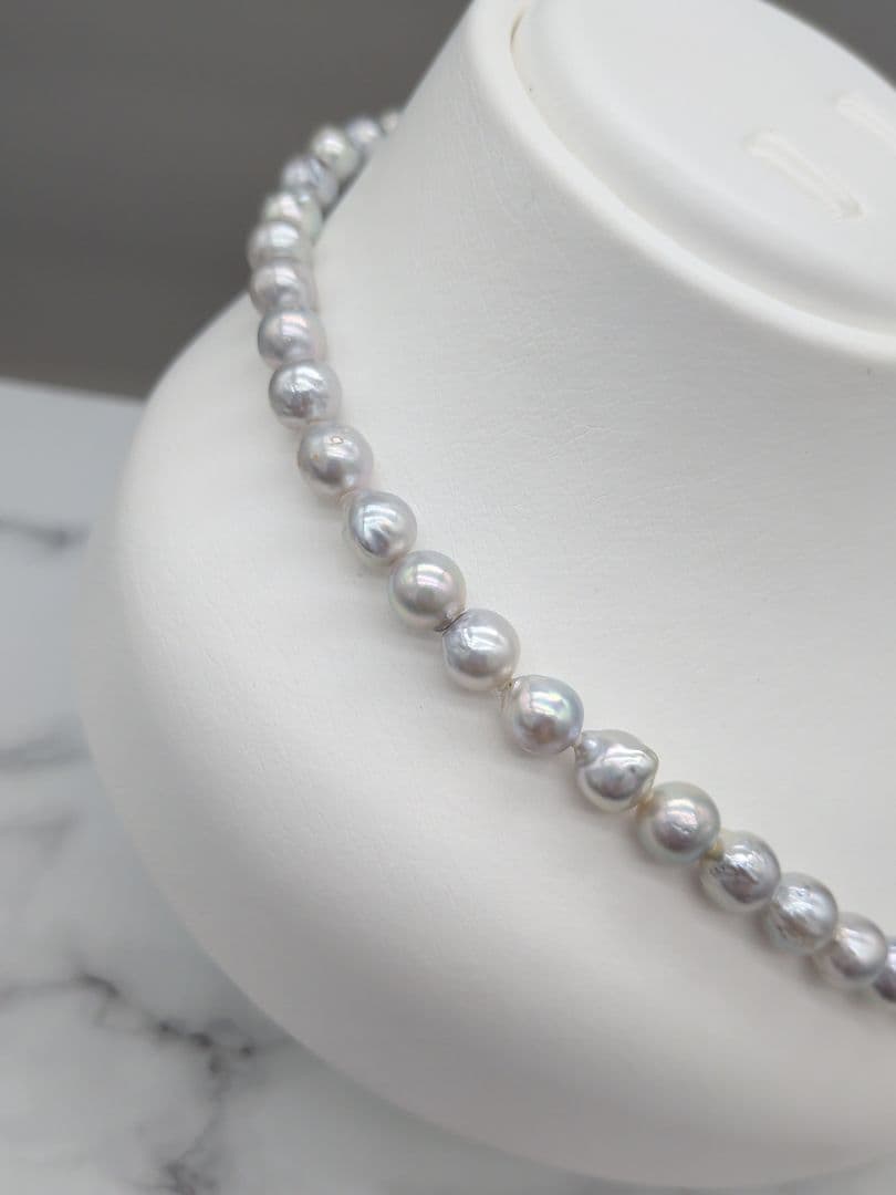Akoya genuine pearl black baroque necklace 8-8.5mm silver gray tone with silver clasp on white background