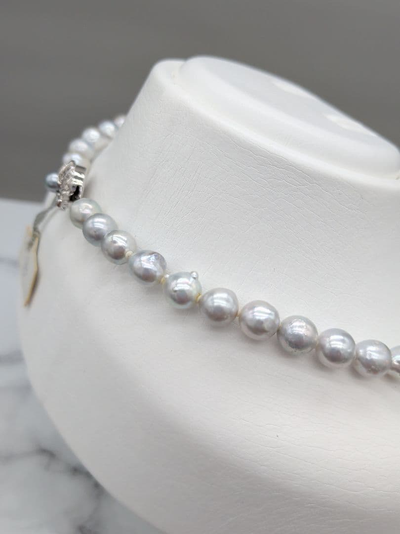 Akoya genuine pearl black baroque necklace 8-8.5mm silver gray tone with silver clasp on white background