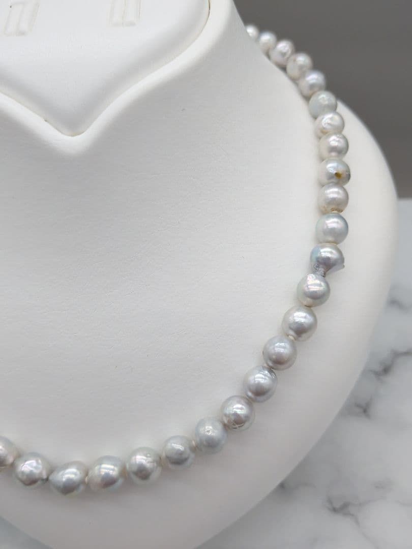 Akoya genuine pearl black baroque necklace 8-8.5mm silver gray tone with silver clasp on white background