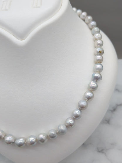 Akoya genuine pearl black baroque necklace 8-8.5mm silver gray tone with silver clasp on white background