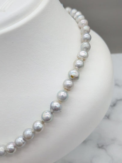 Akoya genuine pearl black baroque necklace 8-8.5mm silver gray tone with silver clasp on white background