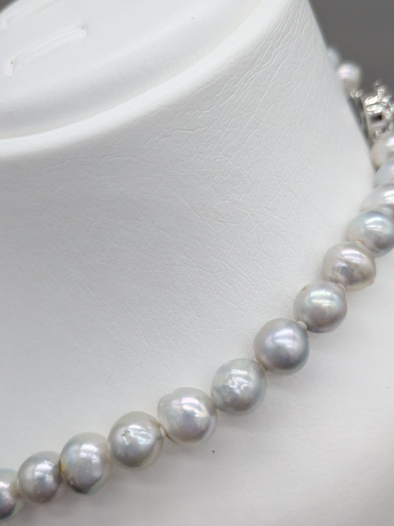 Akoya genuine pearl black baroque necklace 8-8.5mm silver gray tone with silver clasp on white background