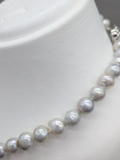 Akoya genuine pearl black baroque necklace 8-8.5mm silver gray tone with silver clasp on white background