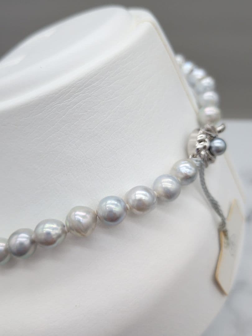 Akoya genuine pearl black baroque necklace 8-8.5mm silver gray tone with silver clasp on white background